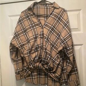 PLAID DROP SHOULDER BUTTON UP BLOUSE